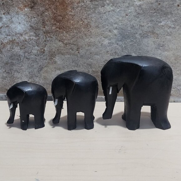 Hand Carved Black Wood Elephant Figurines Set of 3 - Picture 3 of 10